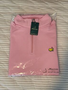 Peter Millar Pink Masters Quarter-Zip Sweater with Yellow Masters Logo